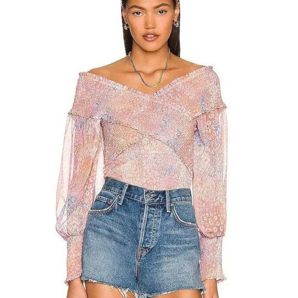 BB Dakota Romantic Fairy Lavander Smocked Snakeskin Blouse Balloon Sleeve Size L